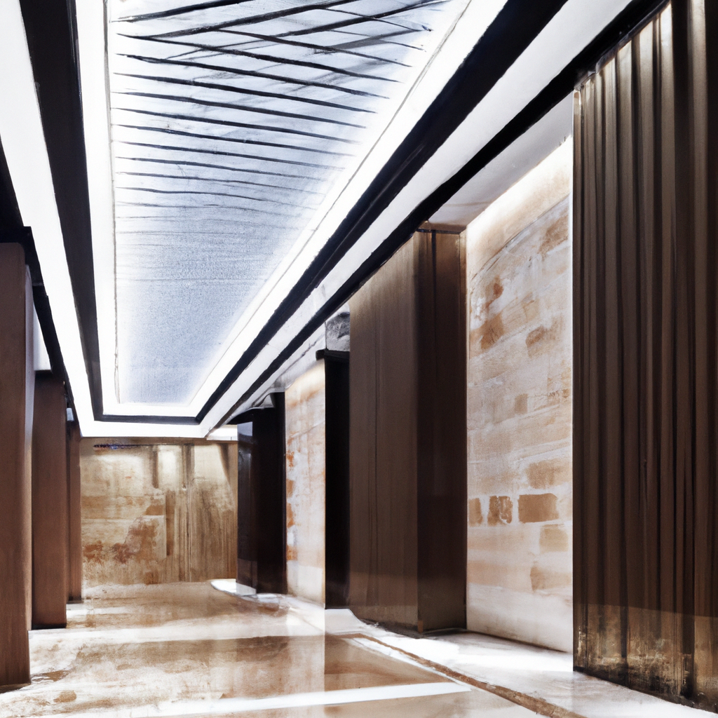 Главный холл штаб-квартиры с мраморными текстурами и мягким освещением, архитектурная визуализация