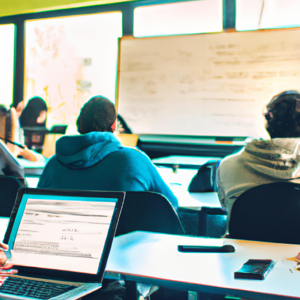 Estudiantes de marketing digital en un aula de Buenos Aires con laptops y pizarra