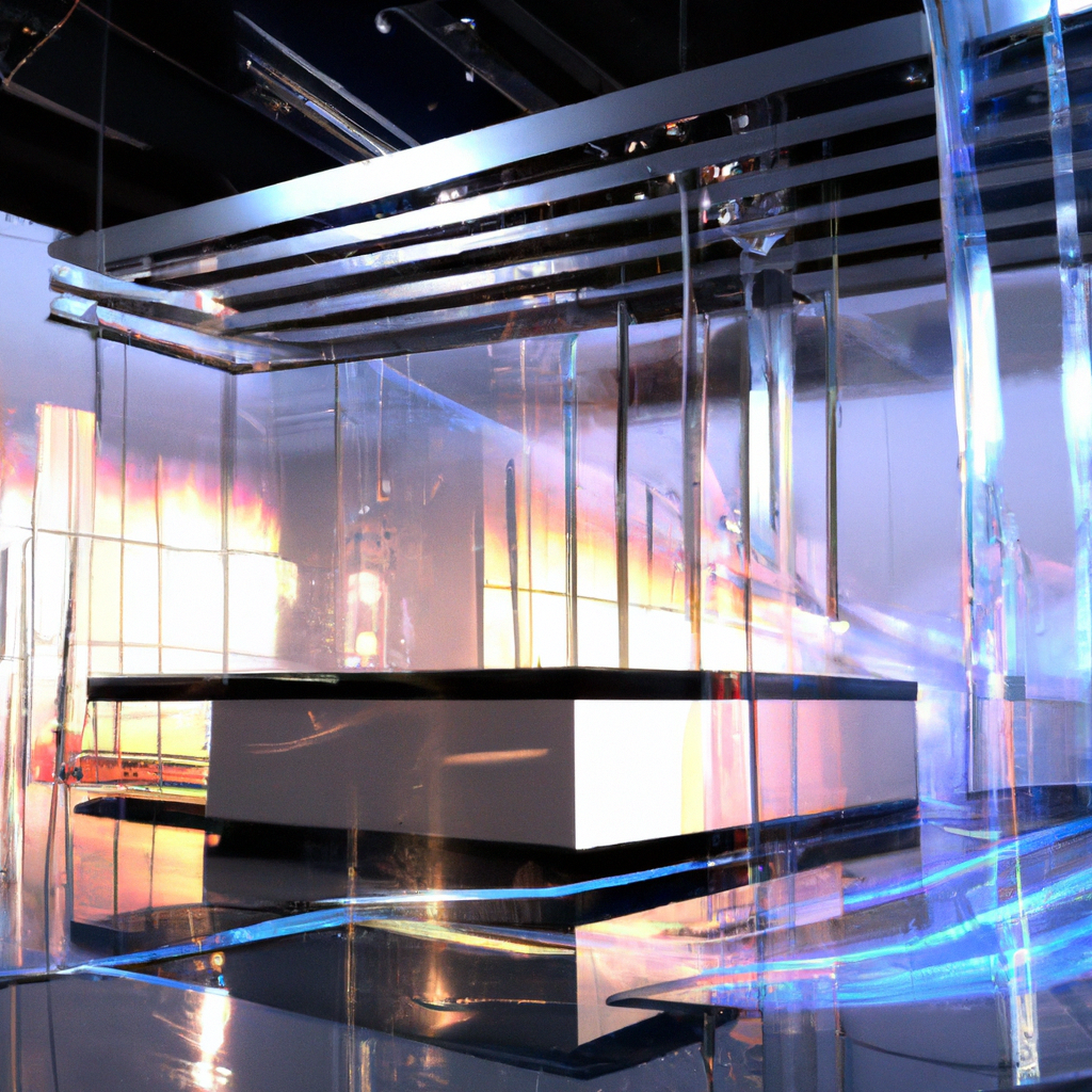 Современная студия разработки с неоновыми акцентами и стеклянными перегородками, фотореалистично